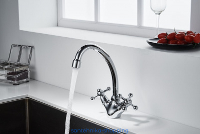 Смеситель DECOROOM DR54028 двуручный  для кухни с высоким поворотным изливом