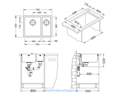Мойка QUADRIX 120 SAT-90 595X450 1+1/2 левая, в компл.с сифоном 1090610