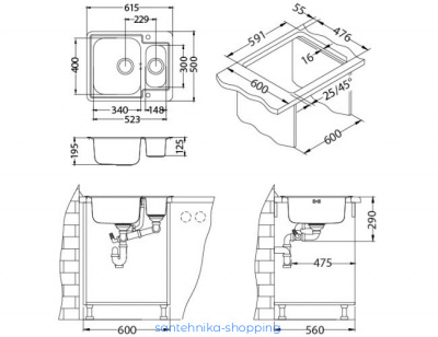 Мойка LINE MAXIM 50 FS SAT-90  615X505 1+1/2 в компл. с сифоном 1074346